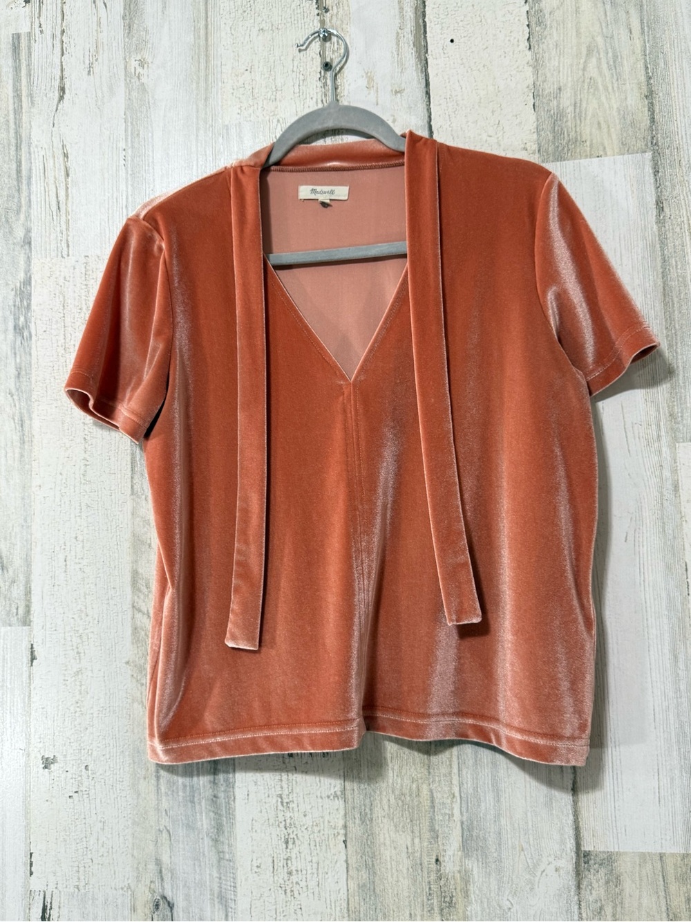Madewell Velvet Tie-Neck Short Sleeve Blouse in Rust-Pink